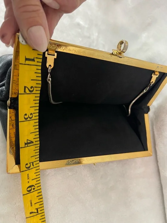 Vintage Etra Genuine leather black clutch hand bag purse gold with filigree - Picture 8 of 9